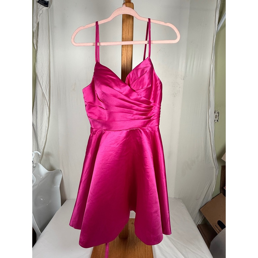 Hot Pink Satin Fit and Flare Mini Dress Sweetheart Neck Cutout Tie Back Size 8